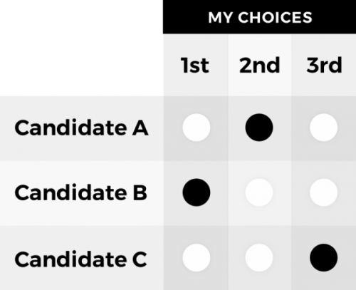 Ranked Choice Voting ballot showing 3 candidates